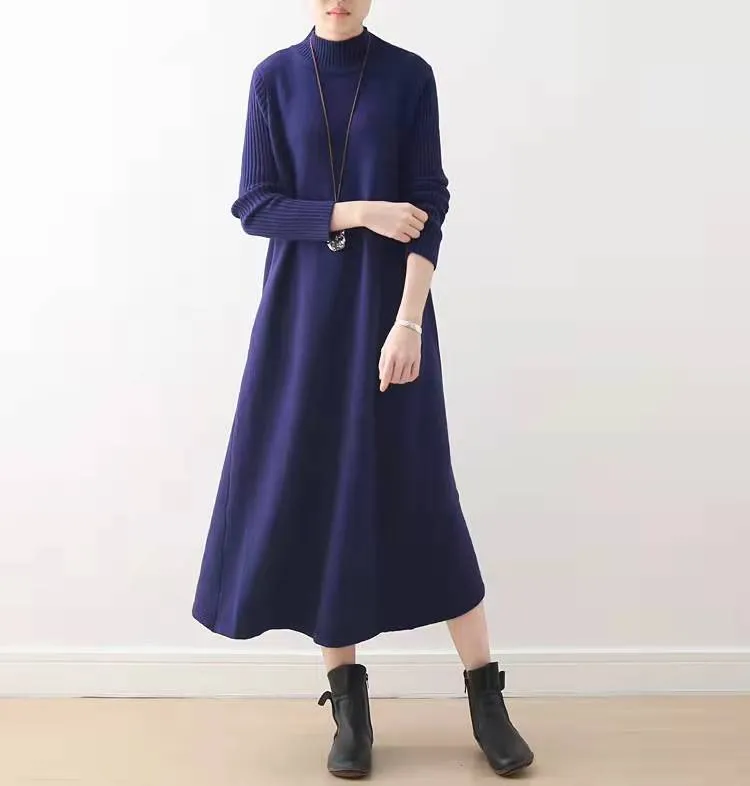 2021 winter Blue long maxi dresses plus size cotton winter dresses warm woolen dress