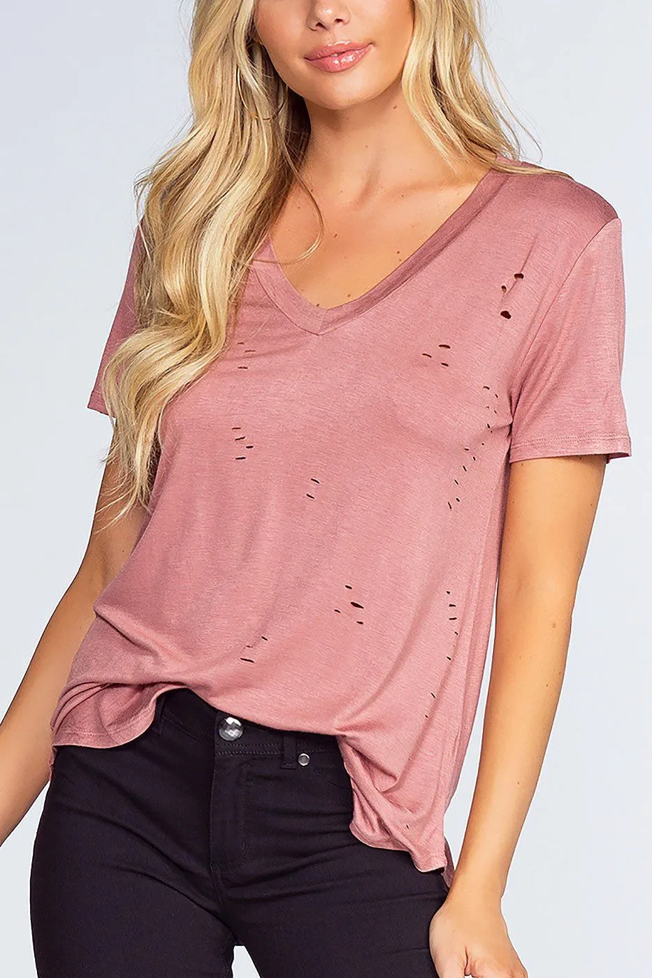 Alli Distressed Tee - Misty Pink