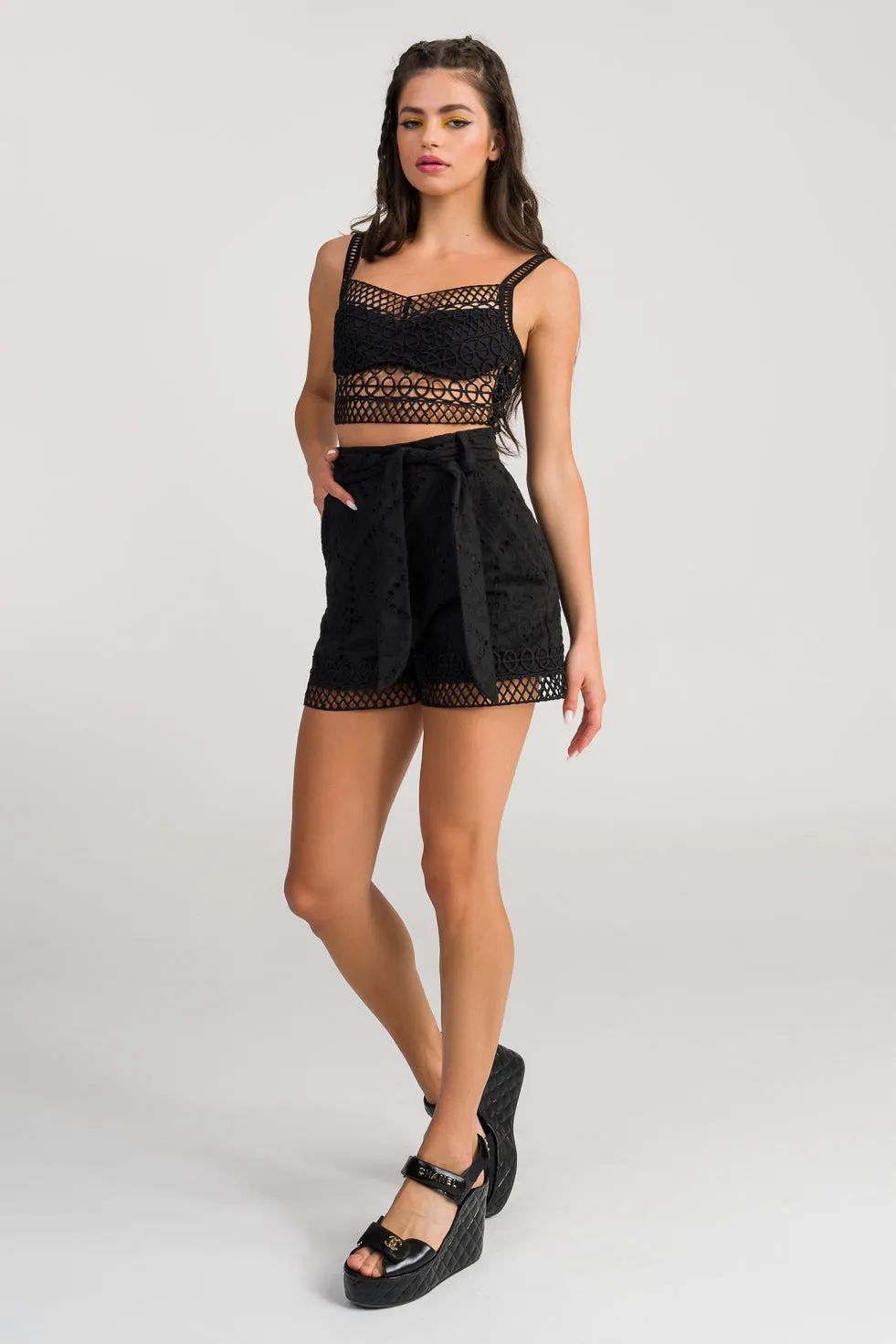 Amelie Black broderie cotton-blend shorts