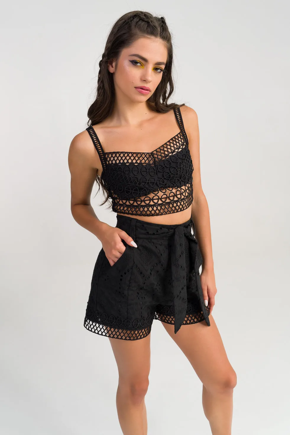 Amelie Black broderie cotton-blend shorts