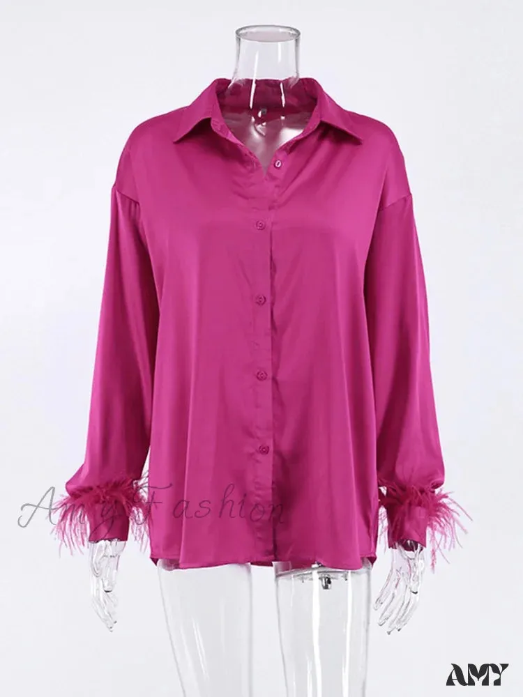 Amy Fashion - Elegant Long Sleeve Spliced Feathers Solid Blouse