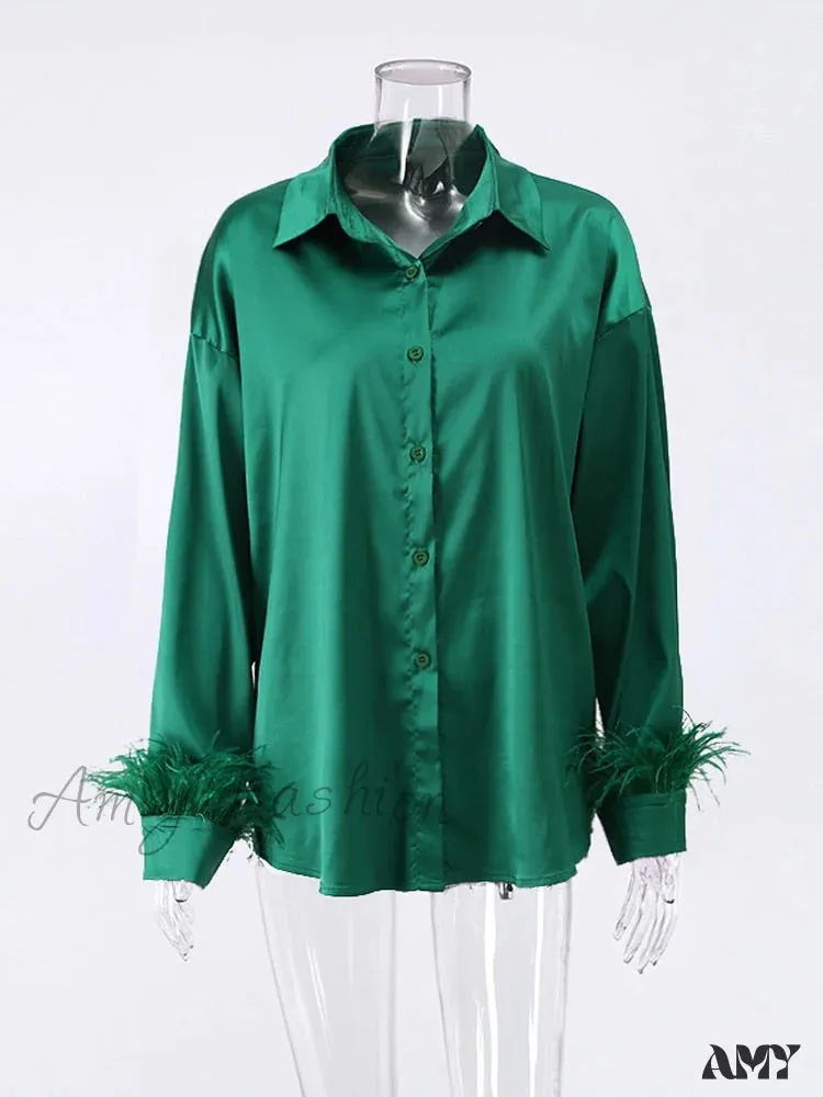 Amy Fashion - Elegant Long Sleeve Spliced Feathers Solid Blouse