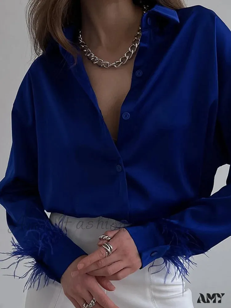 Amy Fashion - Elegant Long Sleeve Spliced Feathers Solid Blouse