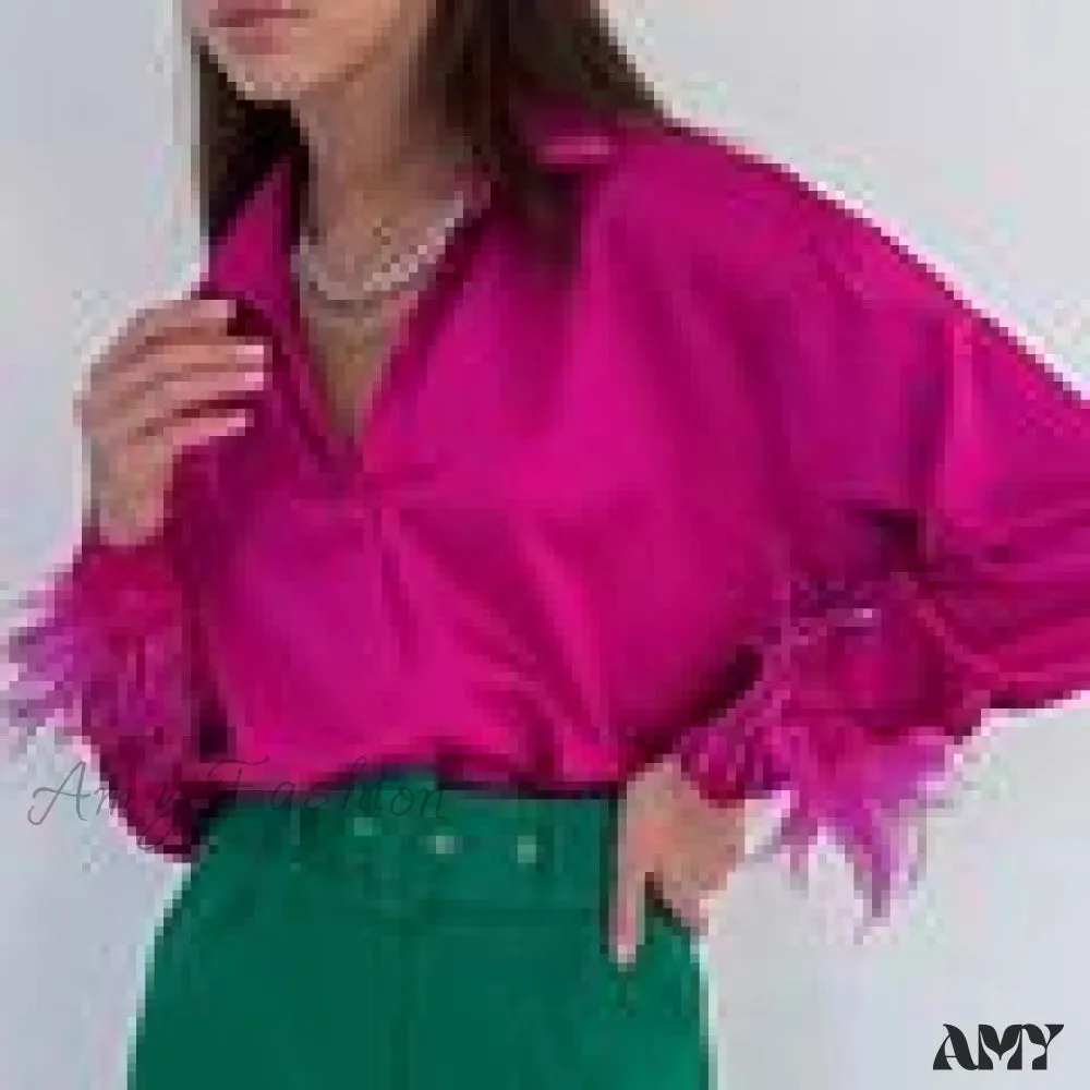 Amy Fashion - Elegant Long Sleeve Spliced Feathers Solid Blouse