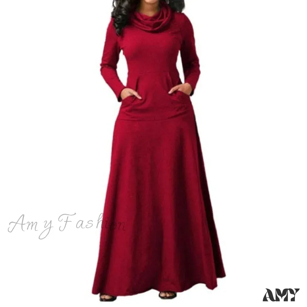 Amy Fashion - Warm High Collar Women Long-sleeved Dress