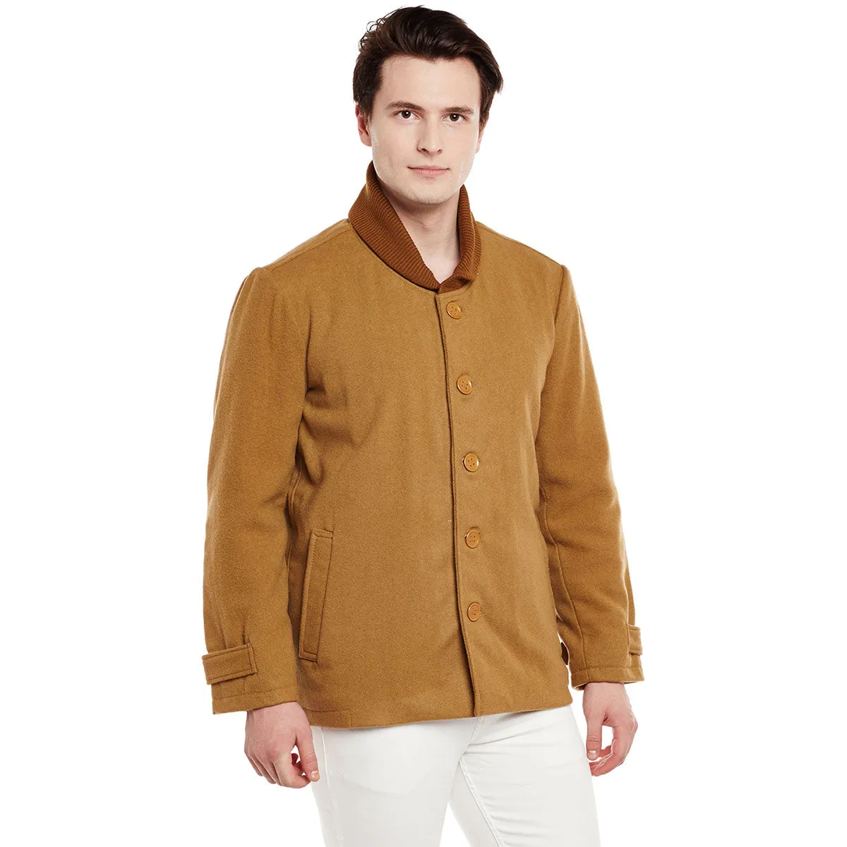 Bareskin Men'S Beige Plain Classic Woollen Coat