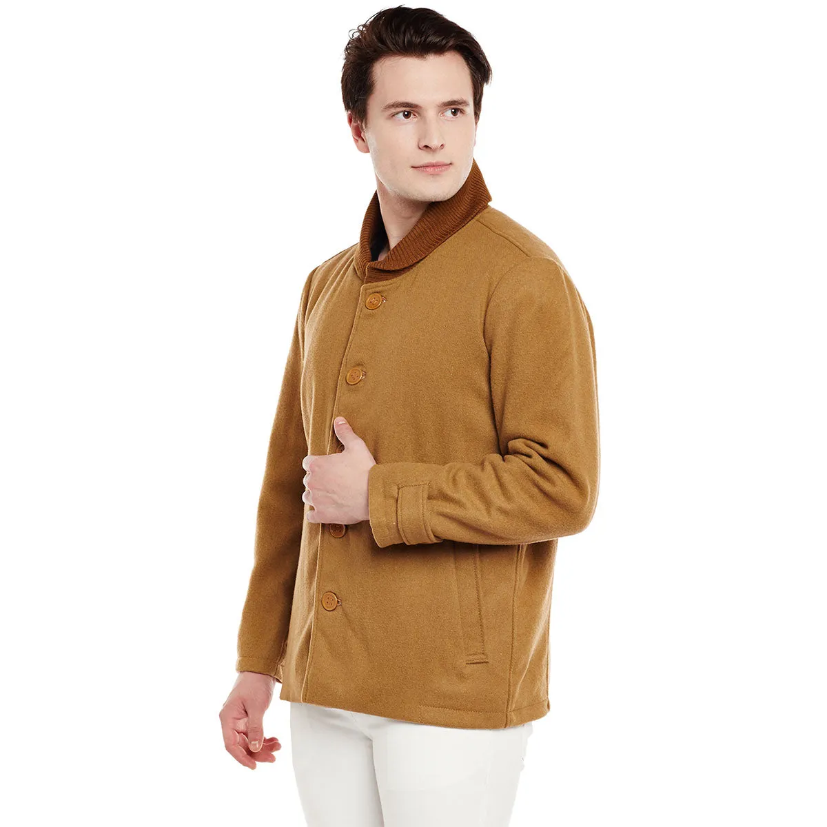 Bareskin Men'S Beige Plain Classic Woollen Coat