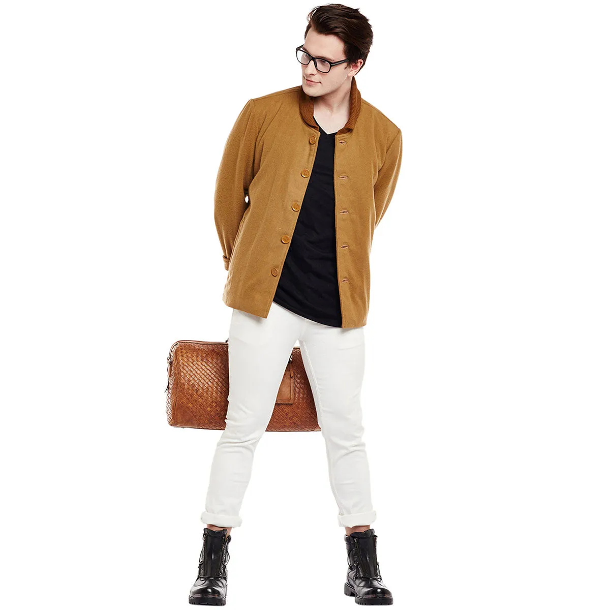 Bareskin Men'S Beige Plain Classic Woollen Coat