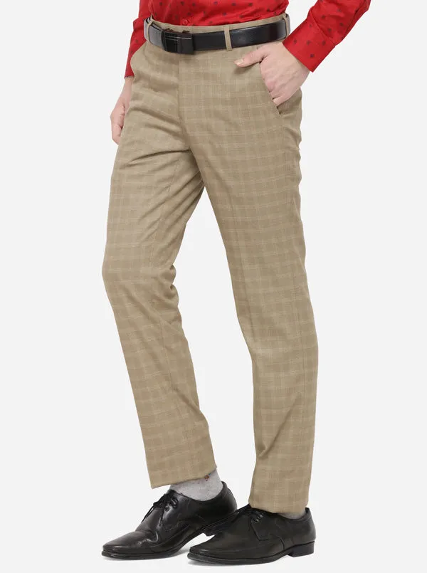 Beige Checked Super Slim Fit Formal Trouser | Greenfibre