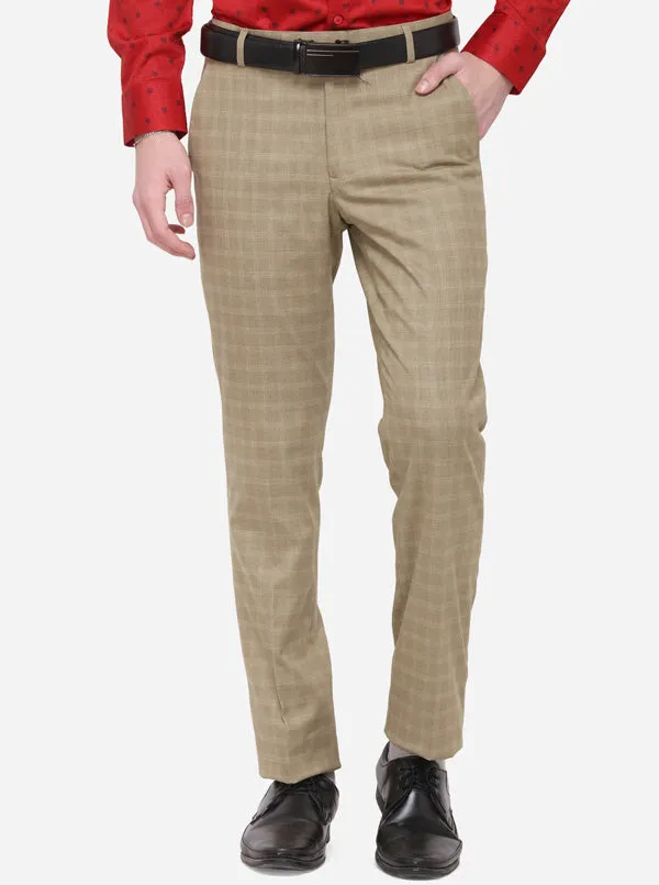 Beige Checked Super Slim Fit Formal Trouser | Greenfibre