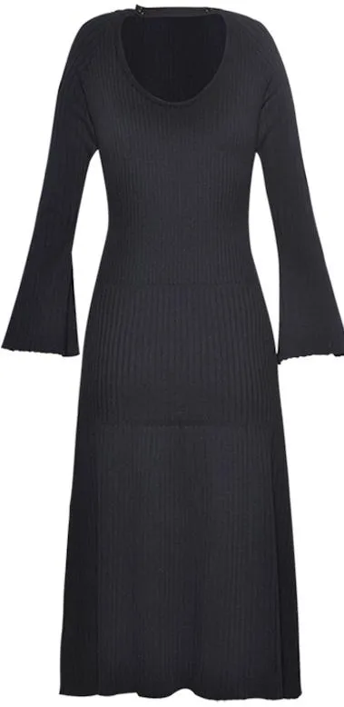 Black Long-Sleeve Knit Midi Dress