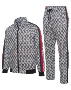 Black Men's Tracksuit Jogging 2-Pieces Set Printed Material Red and Green Strips Style No: MTK08