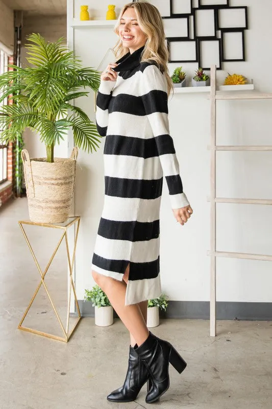 Black/White Wide Striped Turtleneck Sweater Dress