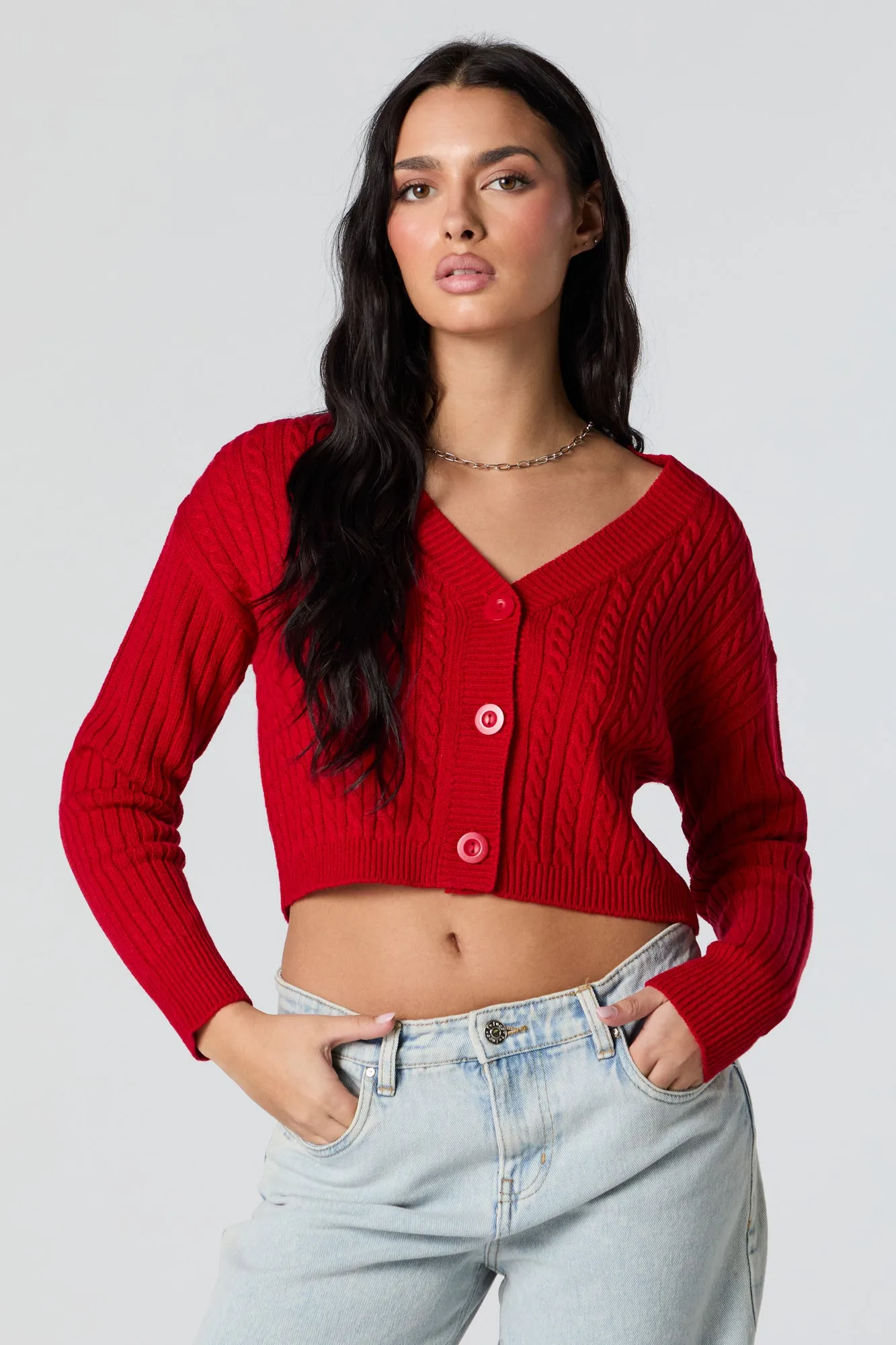 Cable Knit Button-Up Cropped Cardigan