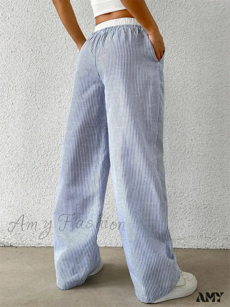 Casual Striped Woven Wide Fall Winter Stylish Full Length Y2K Trouser