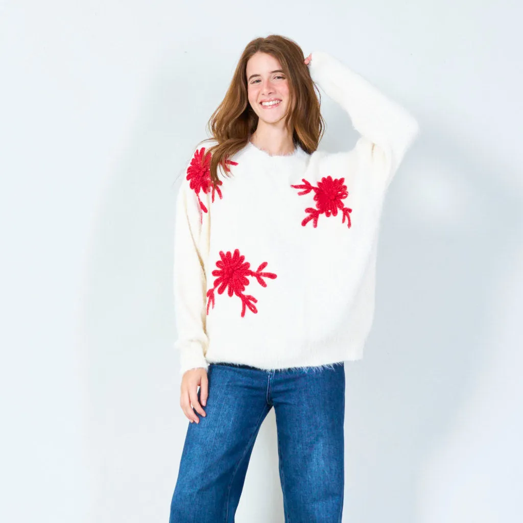 Cozy knit sweater with floral embroidery wholesale