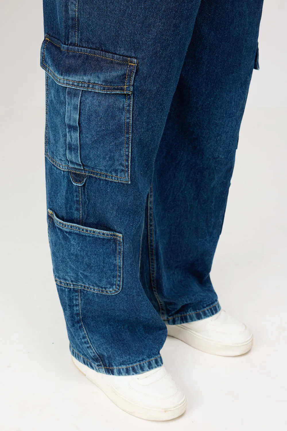 Curve Multi-Pocket Blue Denim Cargo Jeans