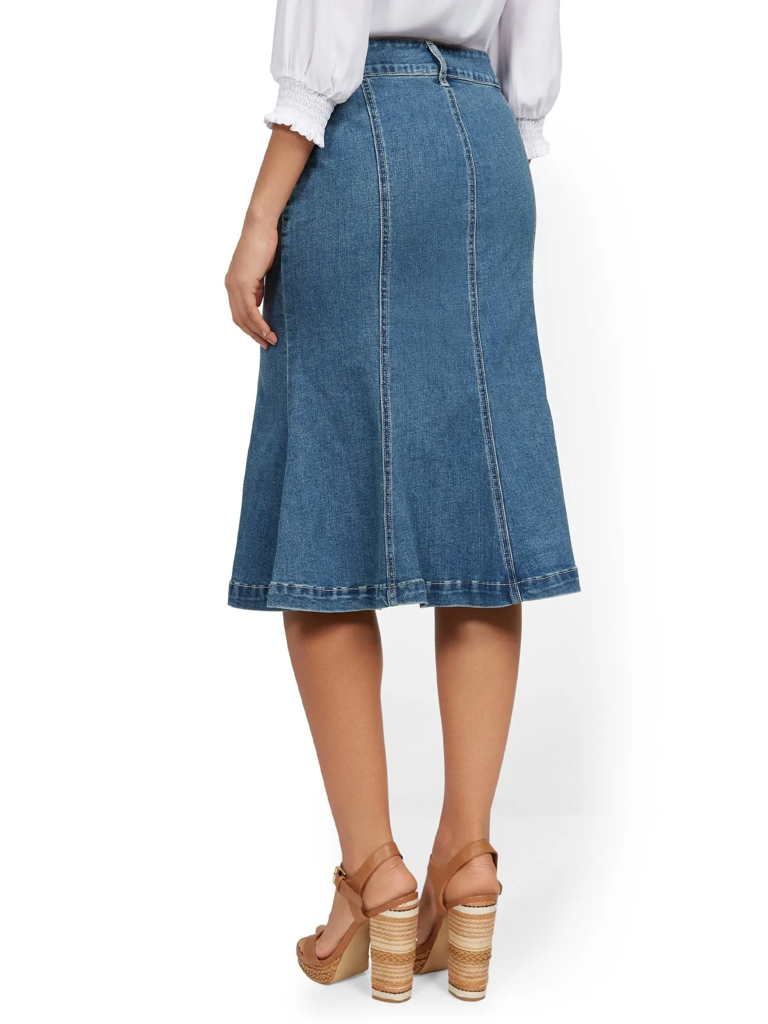 Denim Button-Front Peplum-Hem Skirt