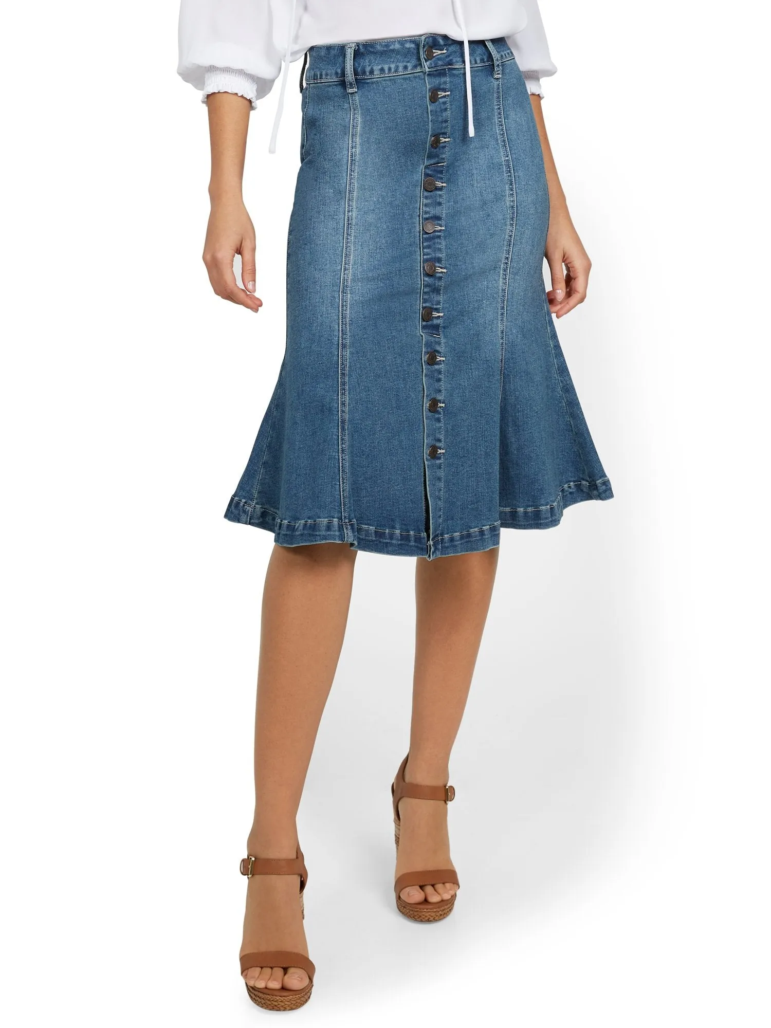 Denim Button-Front Peplum-Hem Skirt