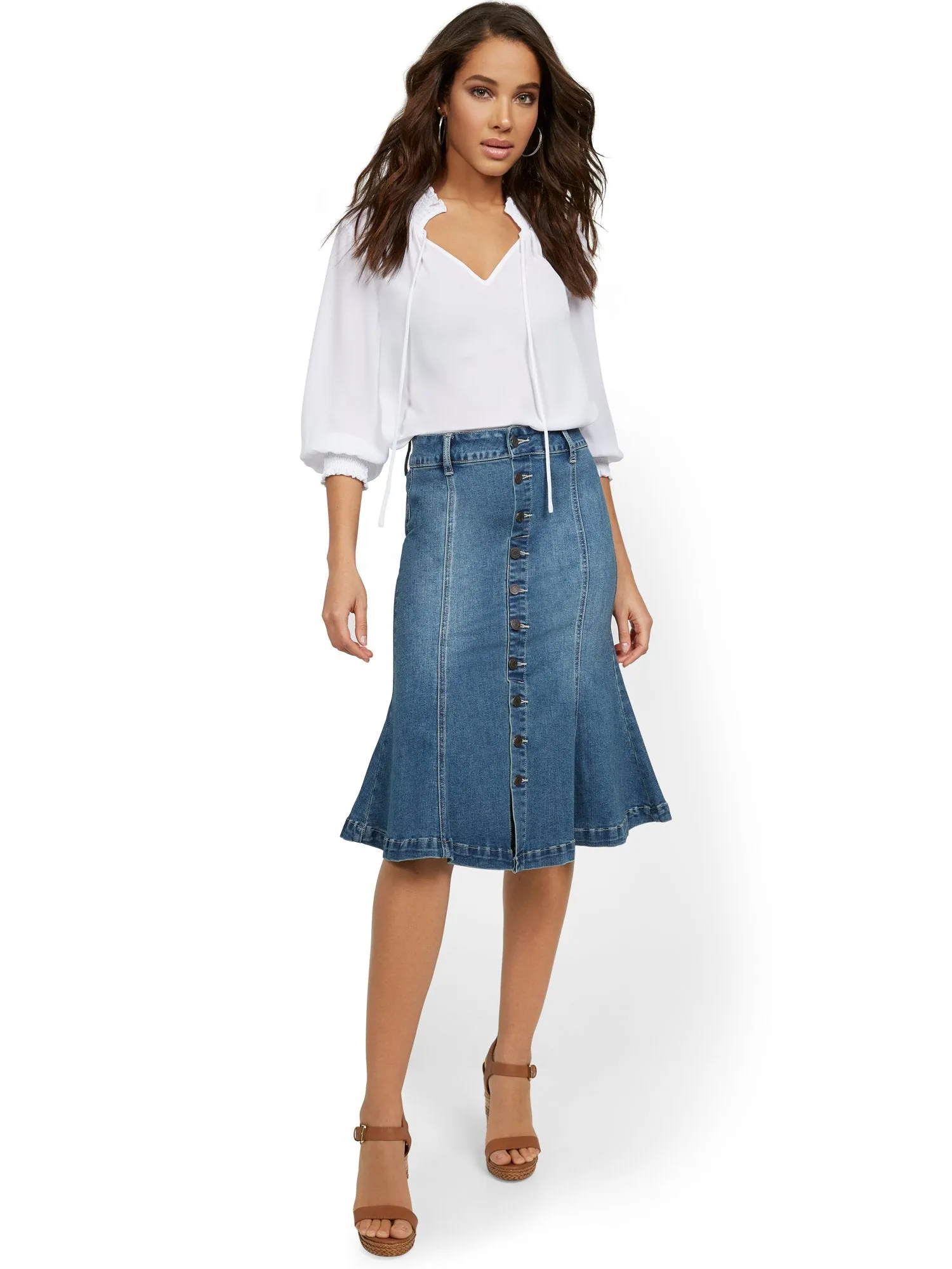 Denim Button-Front Peplum-Hem Skirt