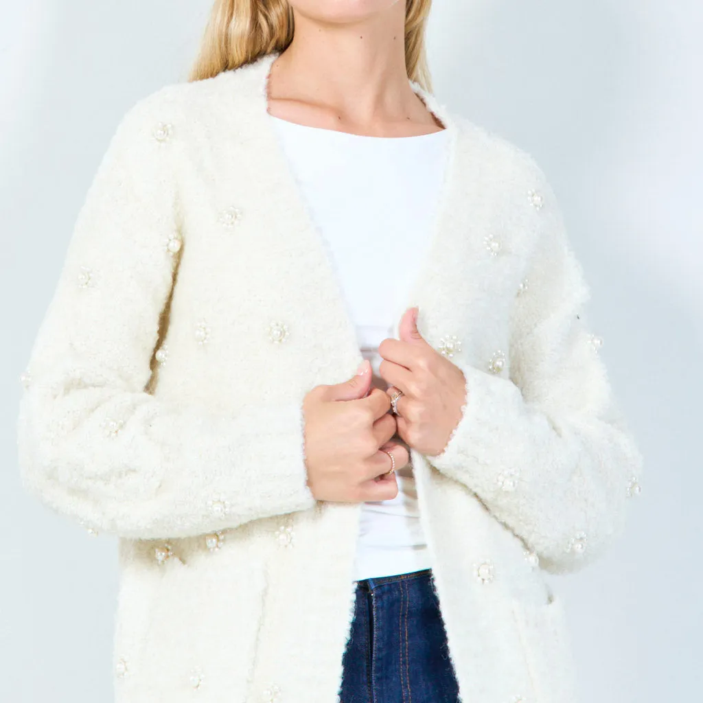 Elegant pearl-embellished open cardigan wholesale