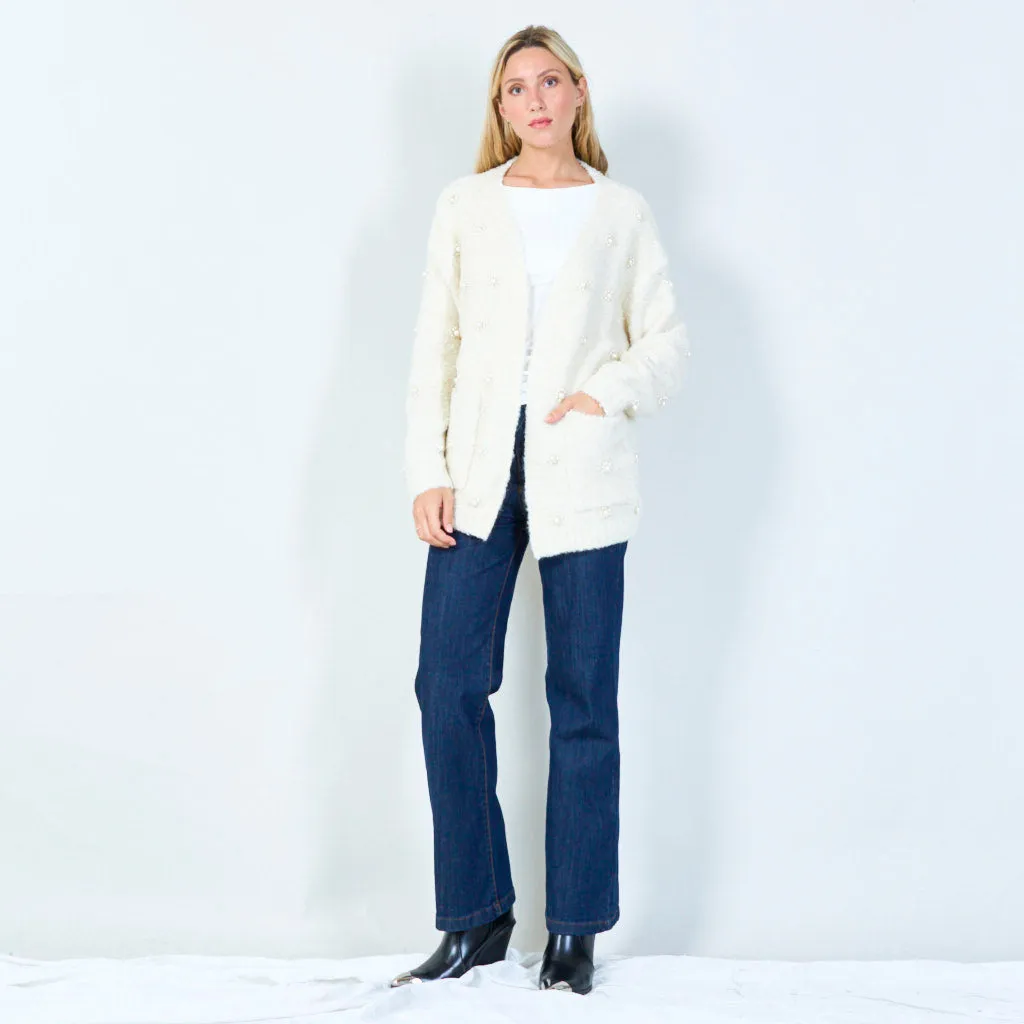 Elegant pearl-embellished open cardigan wholesale