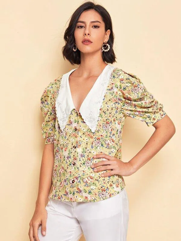 Embroidered Collar Puff Sleeve Floral Print Blouse