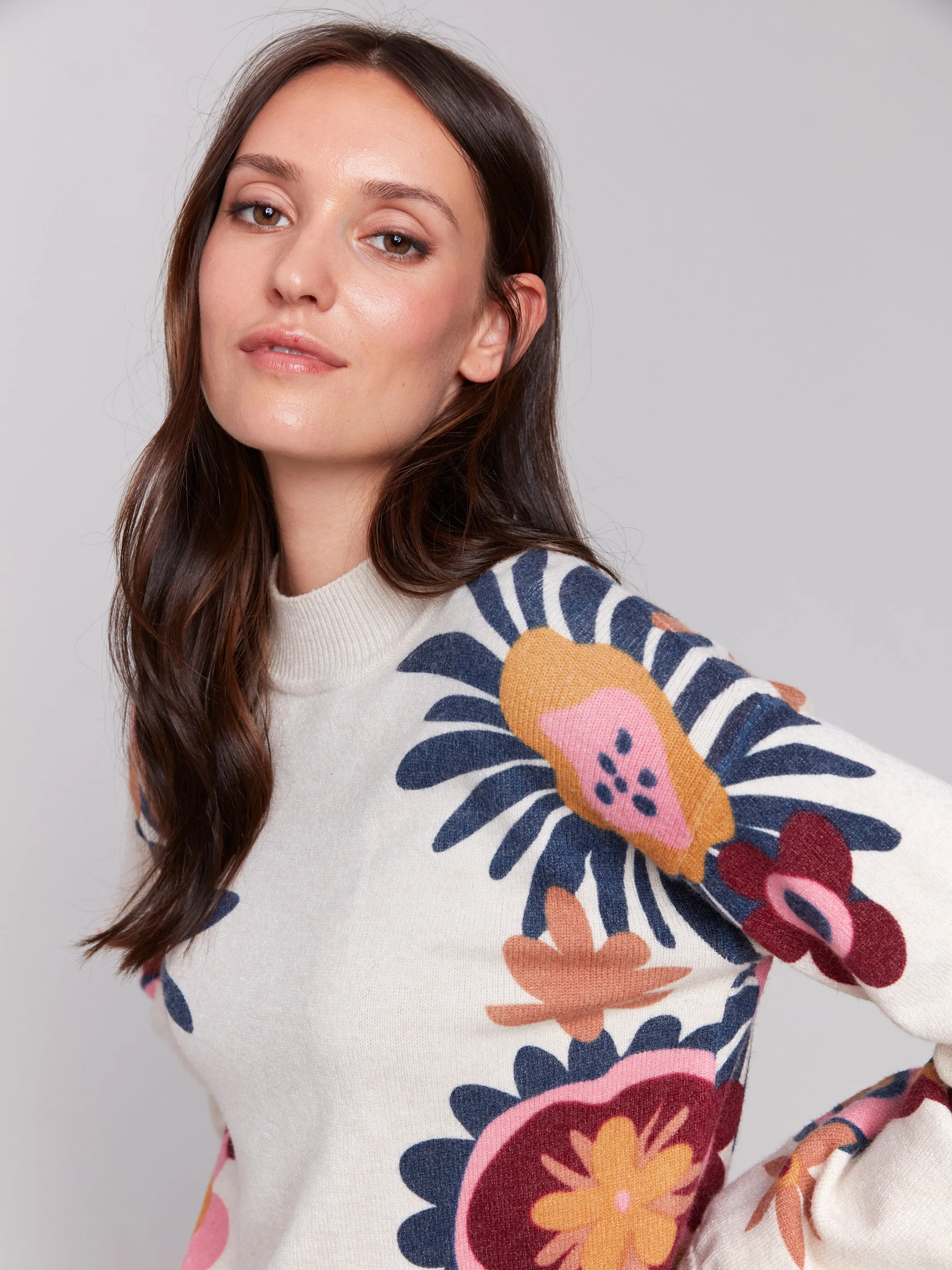 Floral Print Mock Neck Sweater - Beige