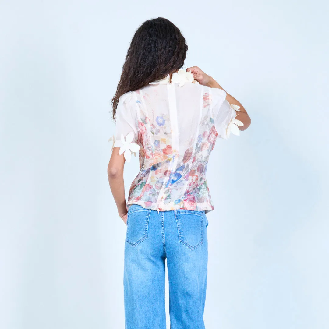 Floral sheer blouse with appliqué details wholesale