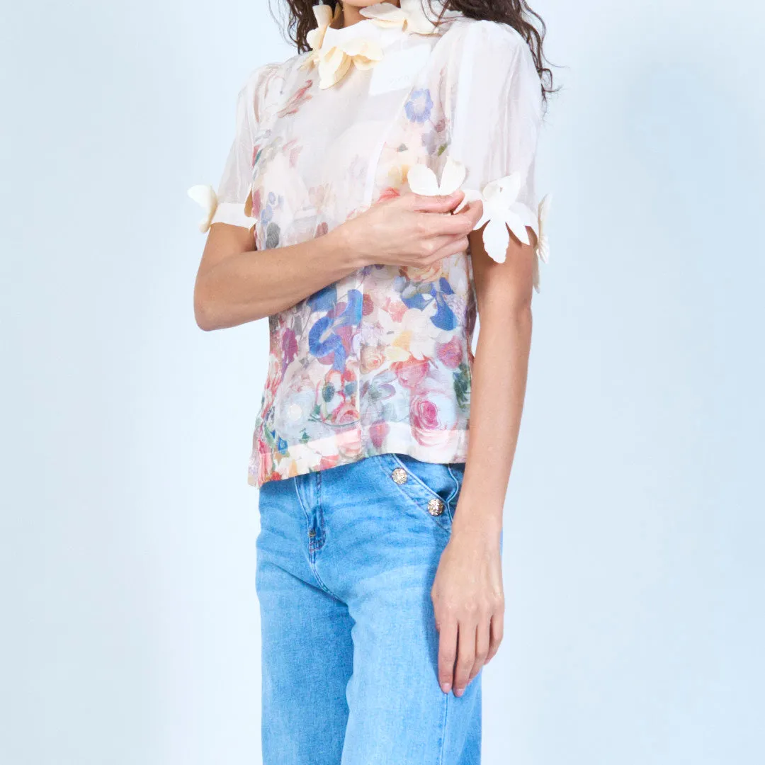 Floral sheer blouse with appliqué details wholesale