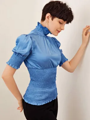 Frill Trim Shirred Panel Satin Top