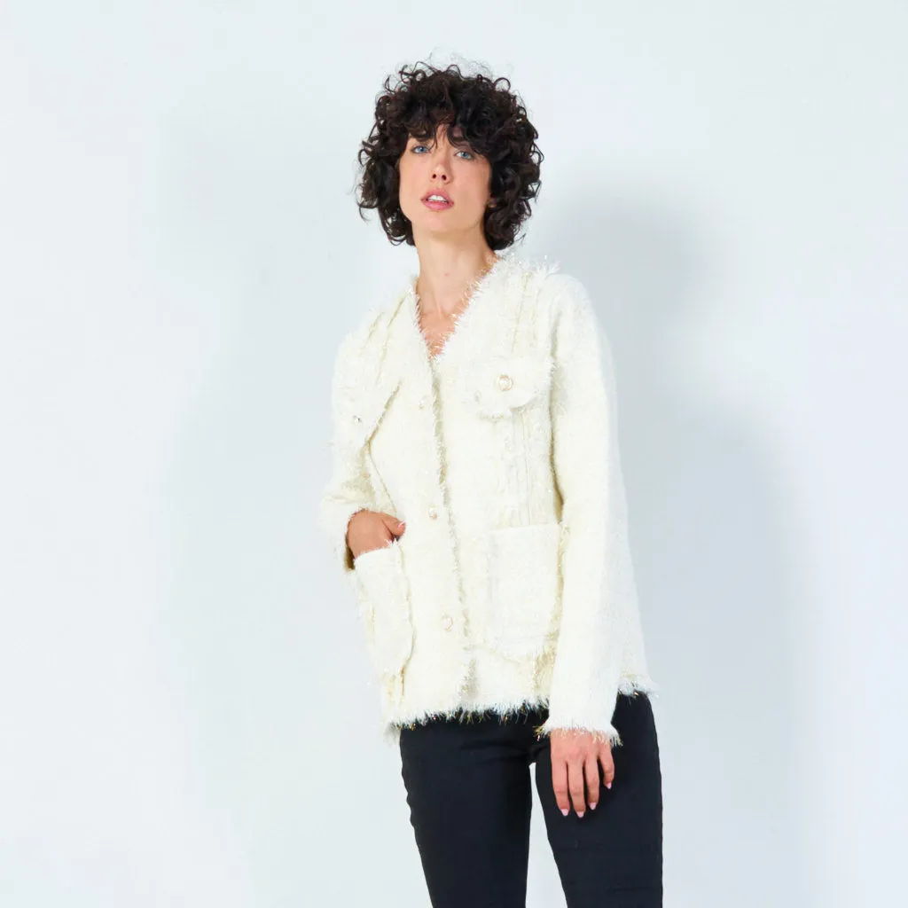 Fringed V-neck cardigan with pearl buttons wholesale