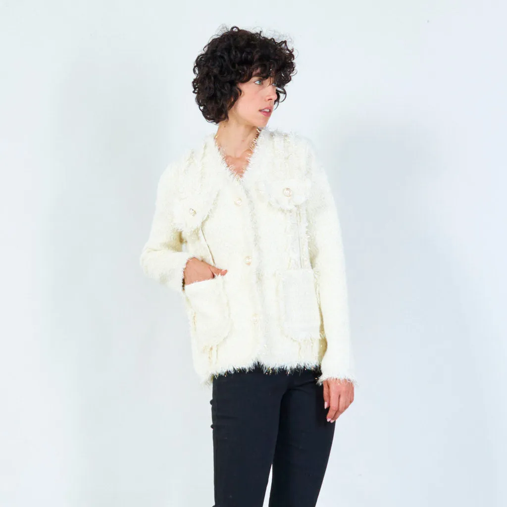 Fringed V-neck cardigan with pearl buttons wholesale