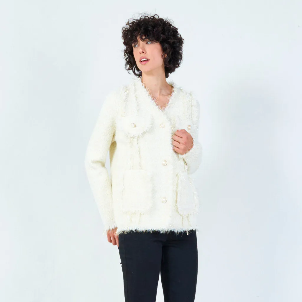 Fringed V-neck cardigan with pearl buttons wholesale