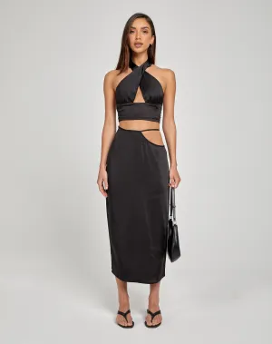 Gardy Midi Skirt in Satin Black