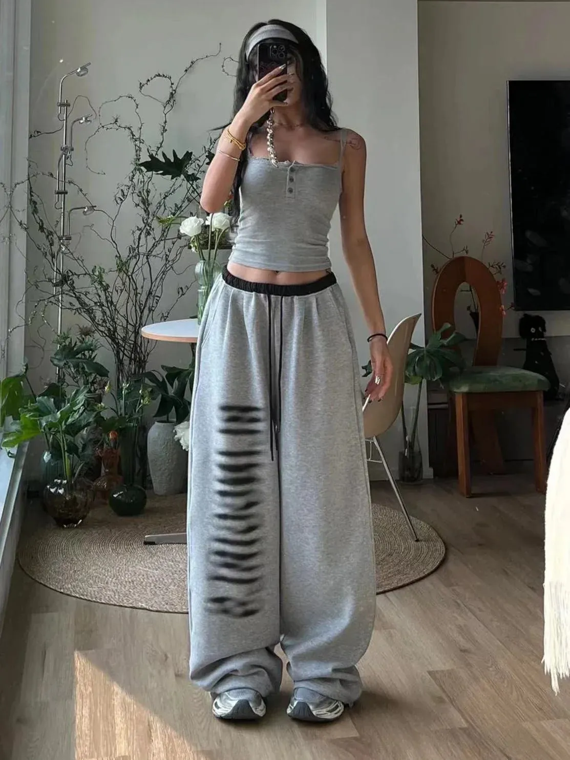 Grey Baggy Stylish Slit Patchwork Sweatpants&nbsp;