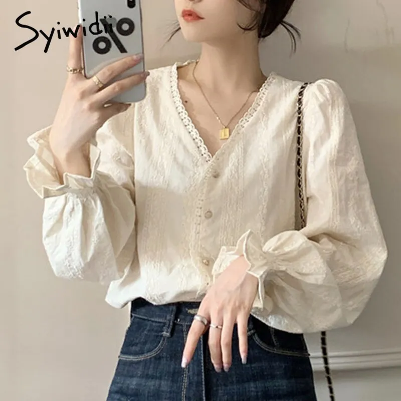 Joskaa Embroidery Shirts for Women Lace V Neck Long Sleeve Button Up Shirt Korean Elegant Fashion Women Blouses Beige Tops