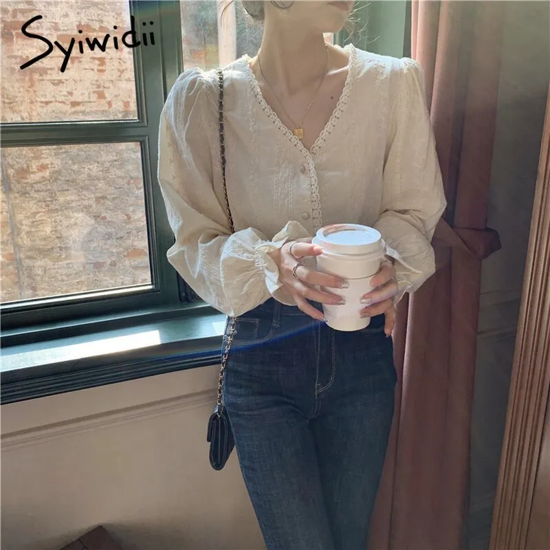 Joskaa Embroidery Shirts for Women Lace V Neck Long Sleeve Button Up Shirt Korean Elegant Fashion Women Blouses Beige Tops