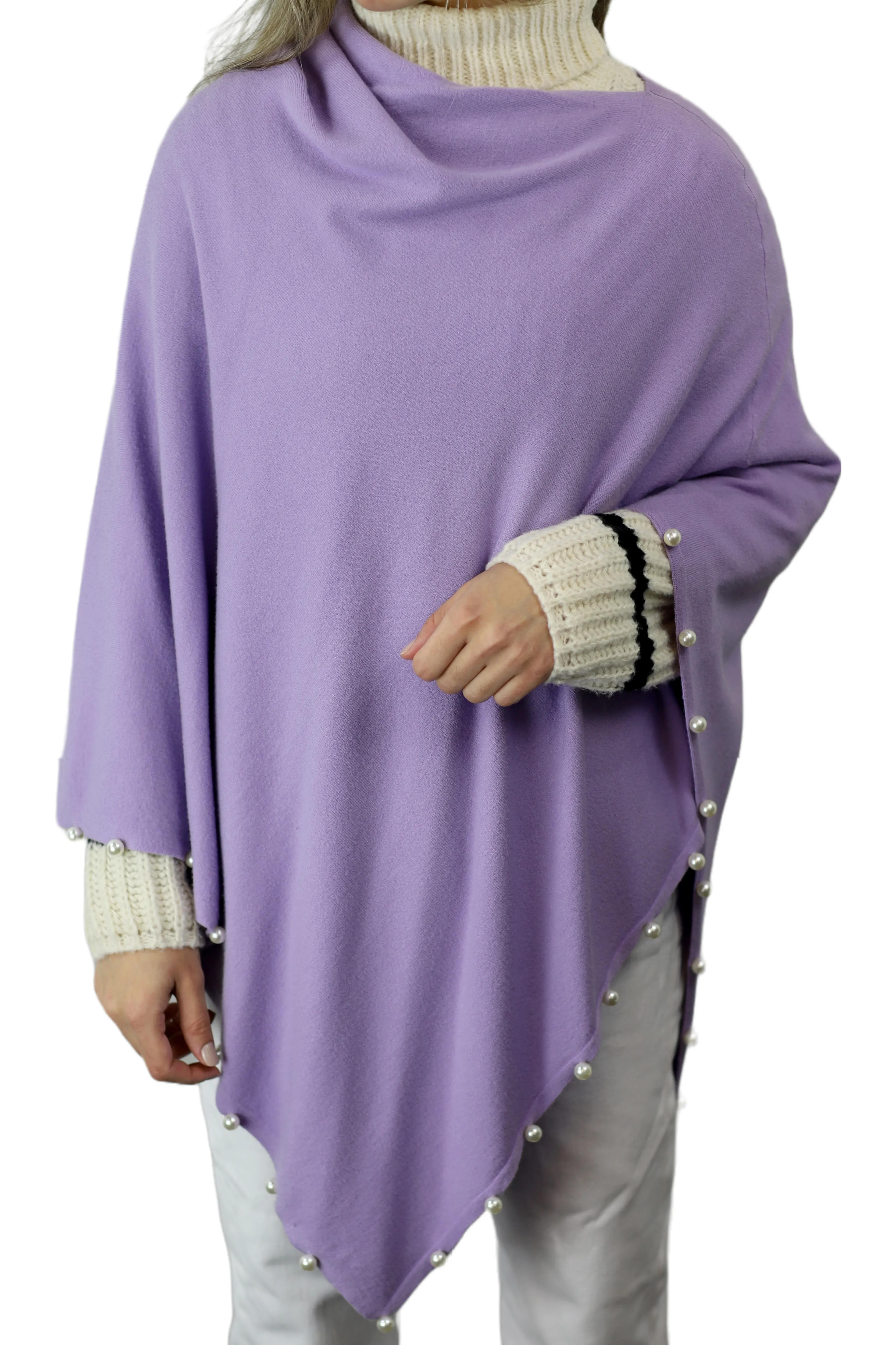 Lightweight Knitted Poncho with Pearl Trim Border