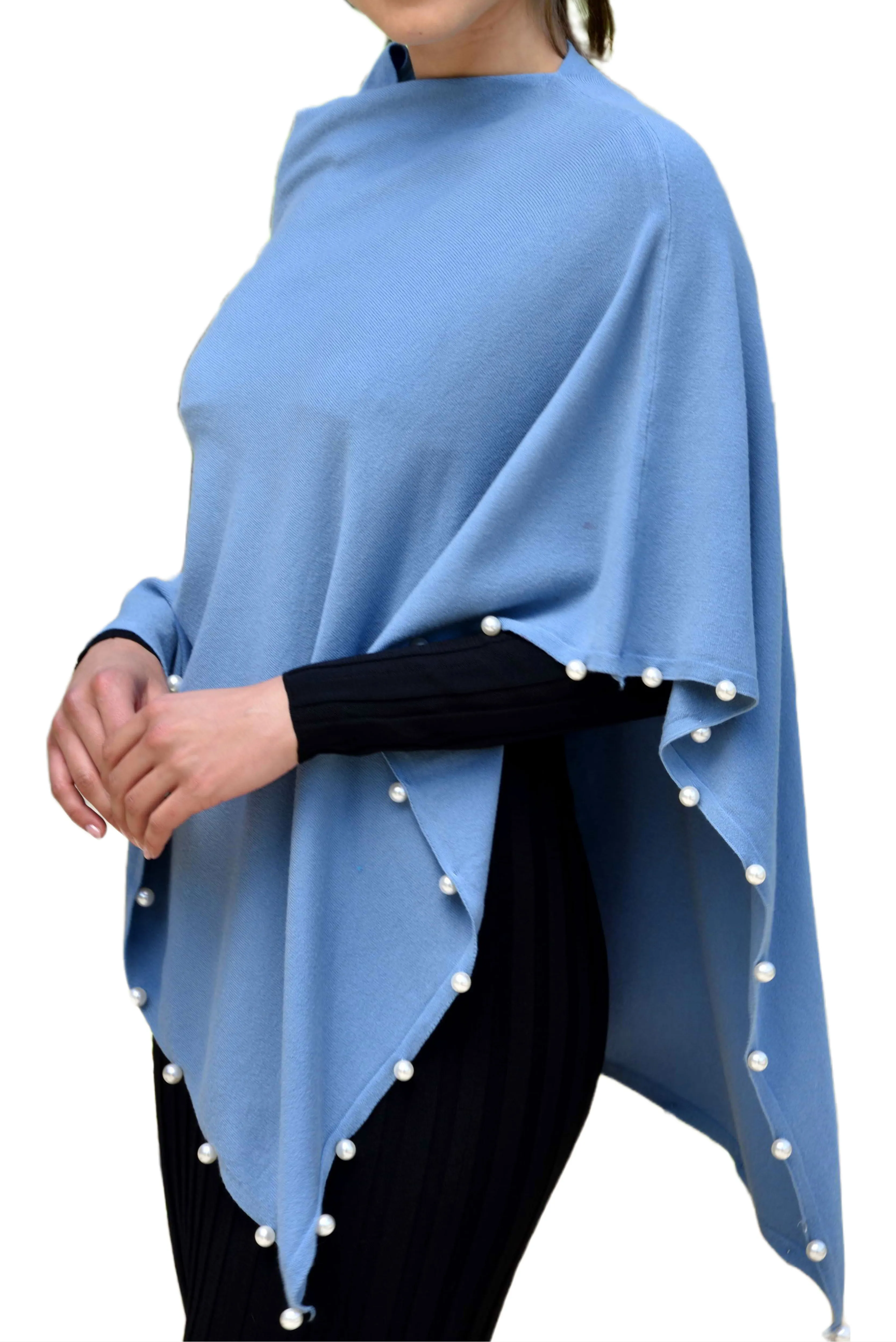 Lightweight Knitted Poncho with Pearl Trim Border