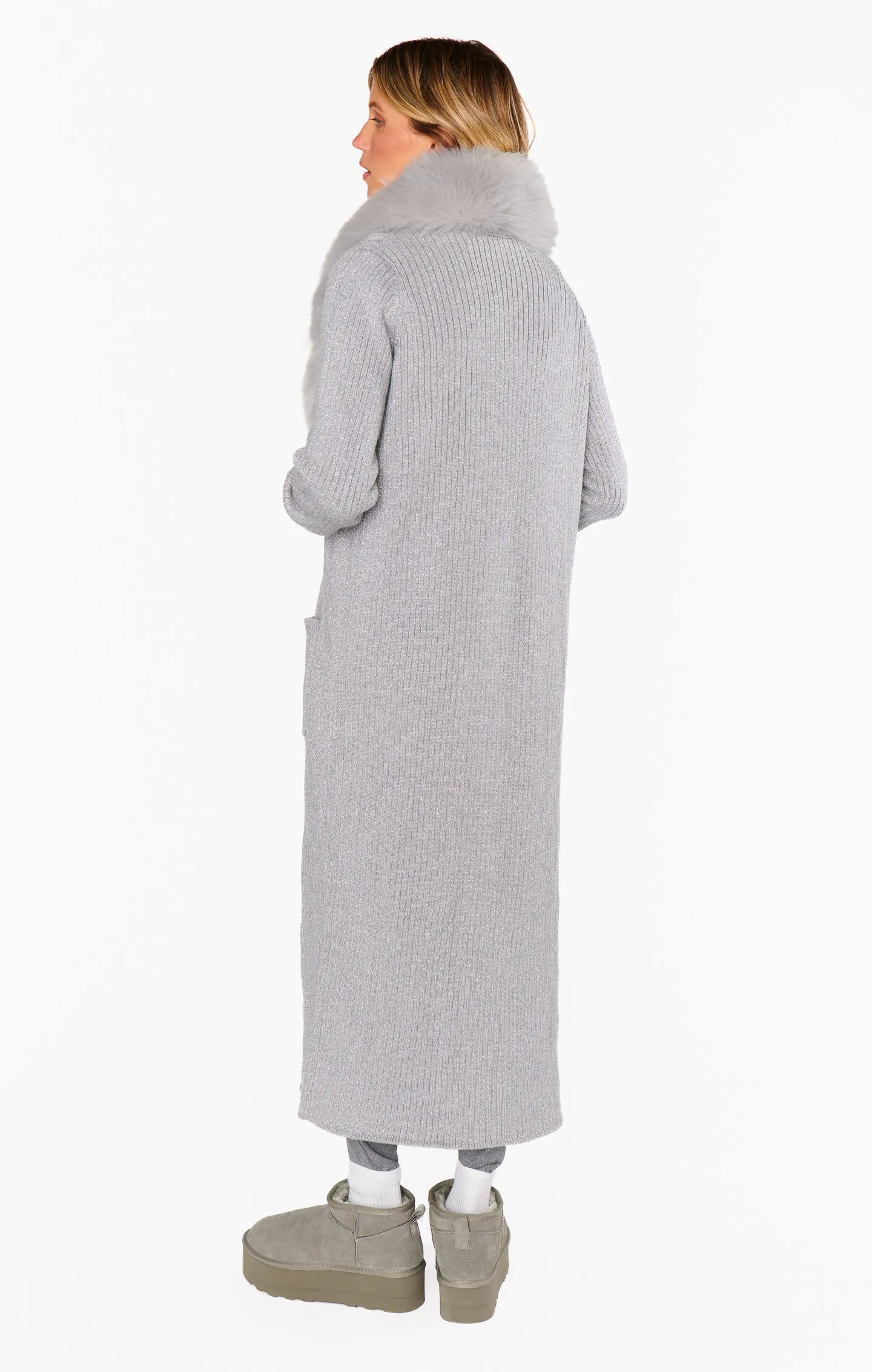 Lombardi Long Cardi ~ Silver Rib Knit with Faux Fur