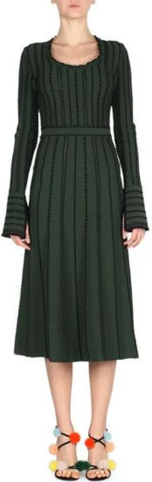 Long-Sleeve Tie-Back Knit Dress, Green/Black