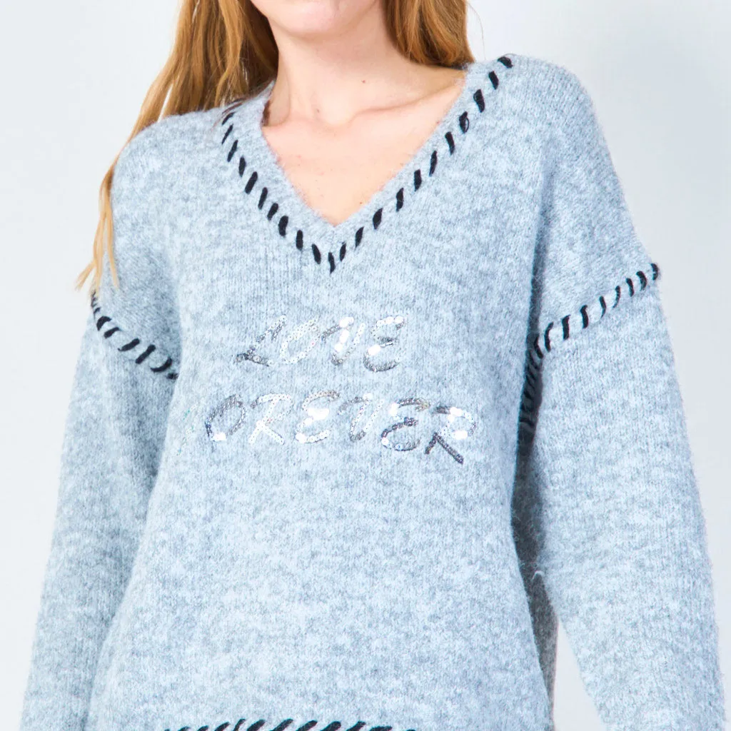 Love forever embroidered V-neck sweater wholesale