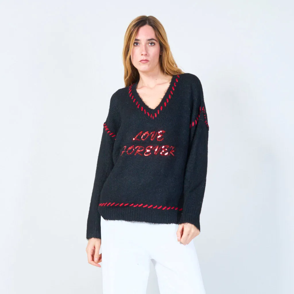 Love forever embroidered V-neck sweater wholesale