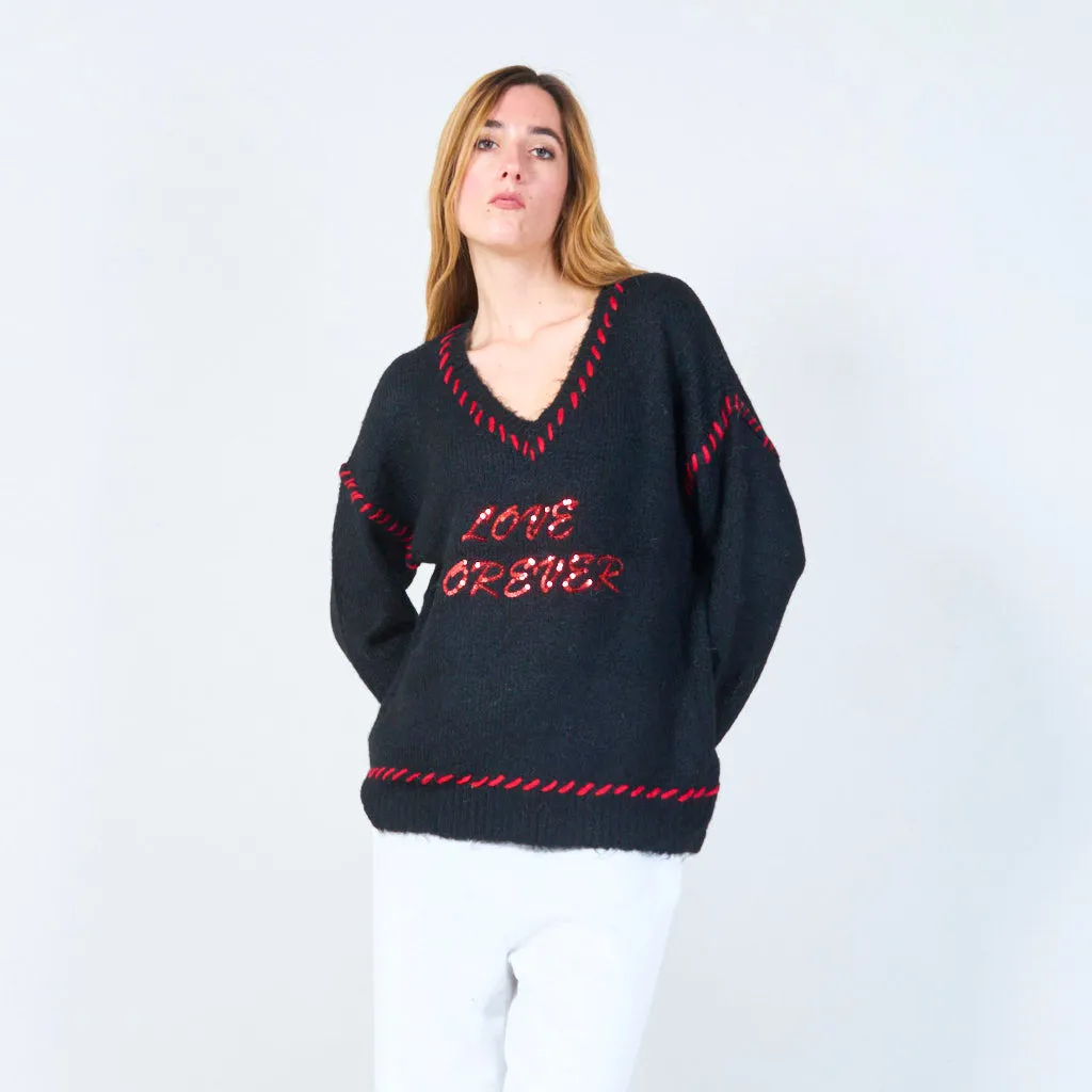 Love forever embroidered V-neck sweater wholesale