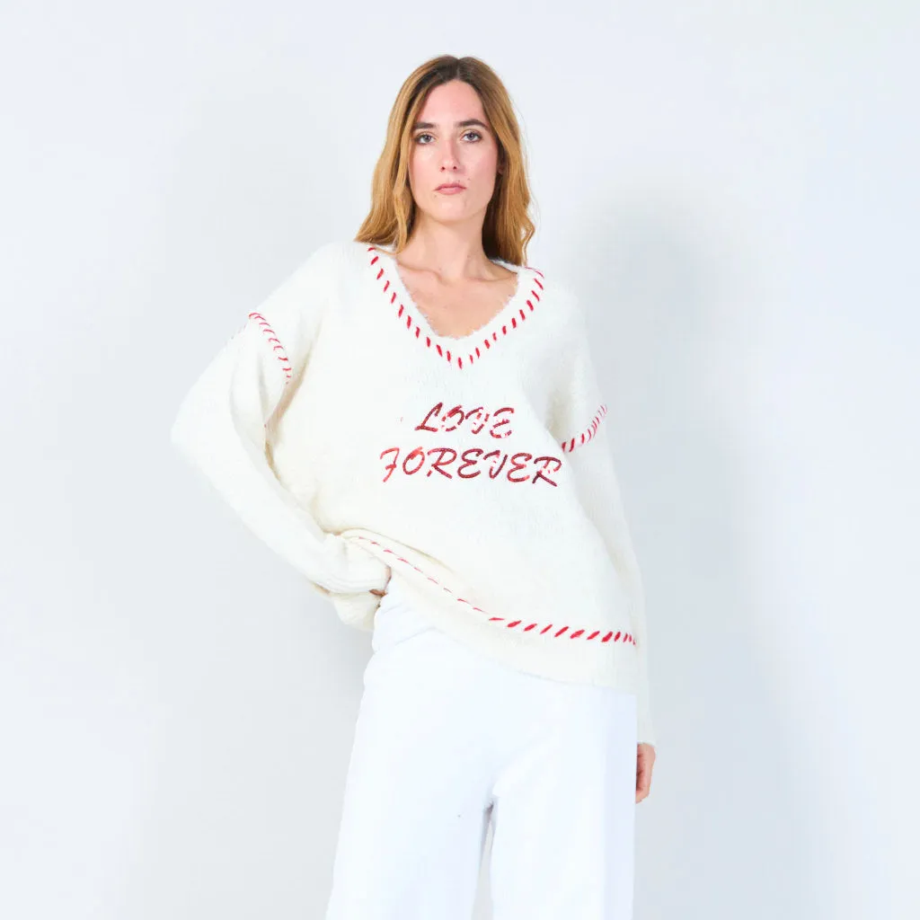 Love forever embroidered V-neck sweater wholesale