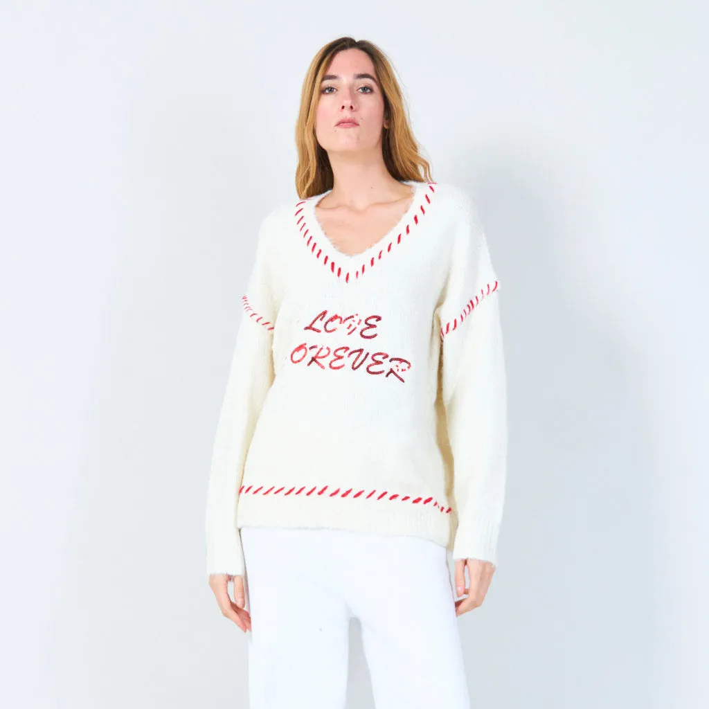 Love forever embroidered V-neck sweater wholesale