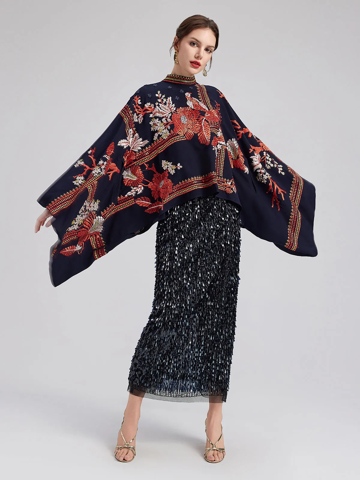 Magpie Embroidered Chinese-Inspired Cape Blouses