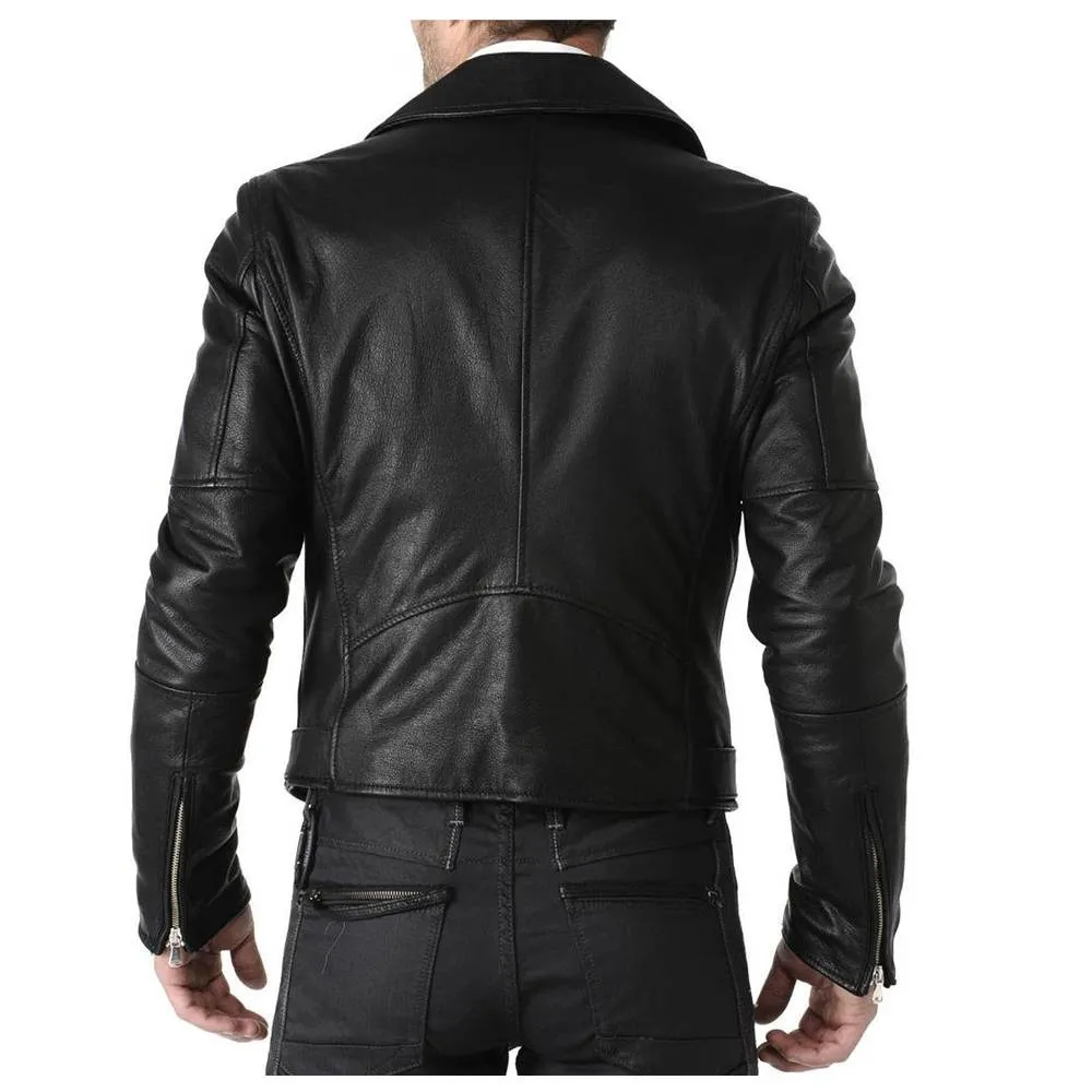 Men Classic Motorcycle Leather Jacket Black Belt