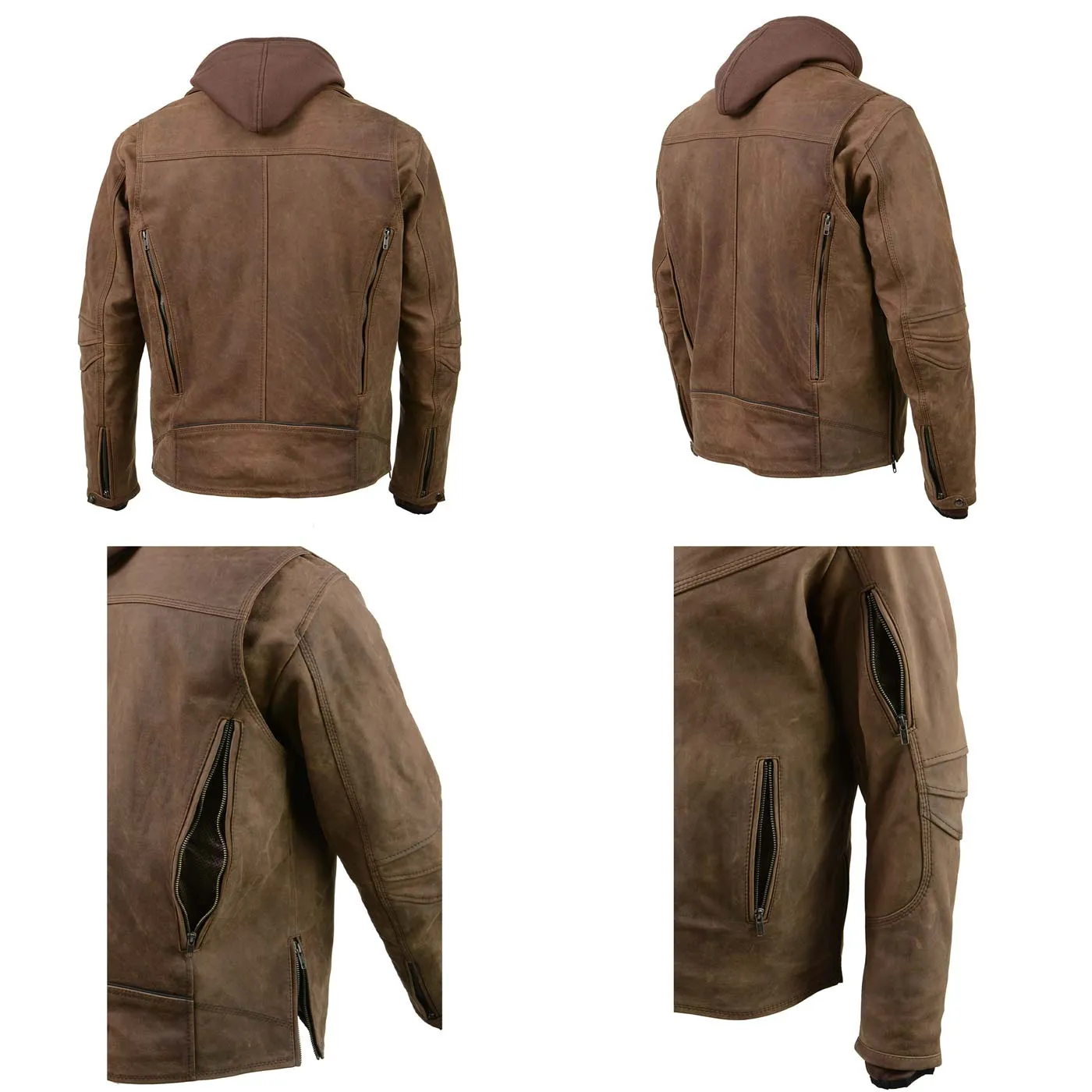 Milwaukee Leather MLM1511 Men's 'Vagabond' Vintage Crazy Horse' Brown Leather Jacket w/ Removable Hoodie